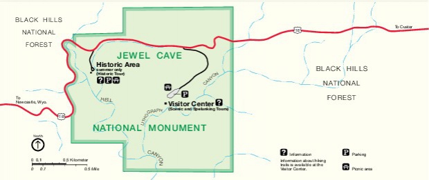 Mapa del Parque del Monumento Nacional Jewel Cave, Dakota del Sur, Estados Unidos