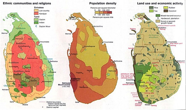 Mapas de Comunidades Étnicas y Religiones, Densidad de Población, Uso de la Tierra y de la Actividad Económica de Sri Lanka