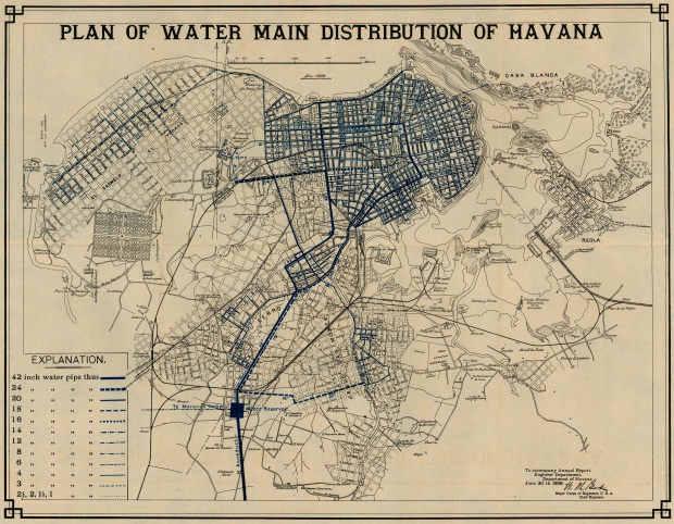 Plano de Distribución de Agua de la Ciudad de La Havana, Cuba 1899