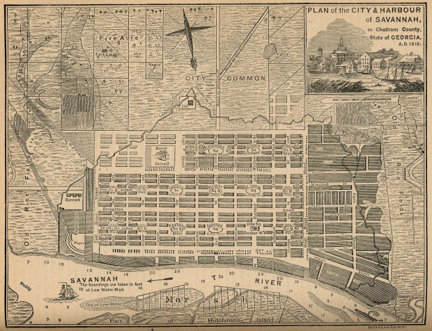 Plano de la Ciudad y del Puerto de Savannah en el Condado de Chatham, Estado de Georgia, Estados Unidos A.D. 1818